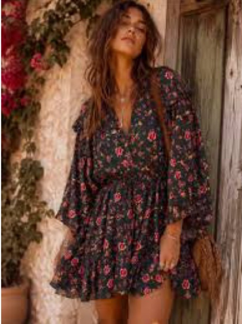 Free People Black Mini Dress with Pink Floral Print